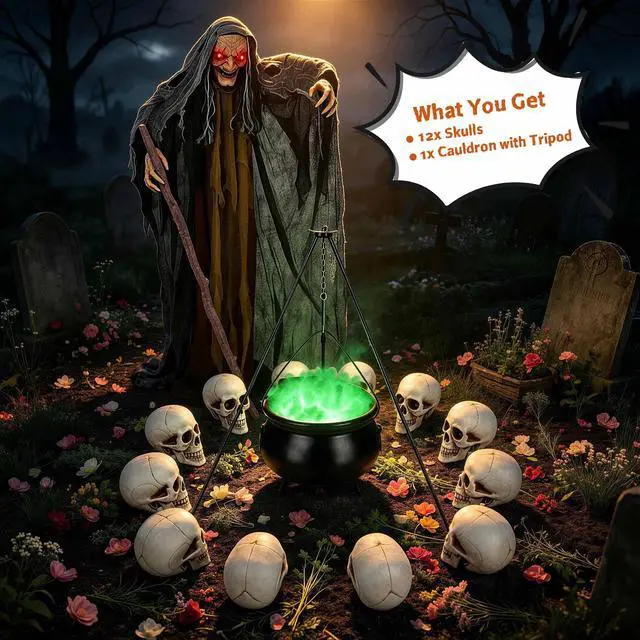 Alt view image 3 of 7 - Yescom 12PCS Life-Size Skulls w/ Cauldron Tripod LED Lights Halloween Decor