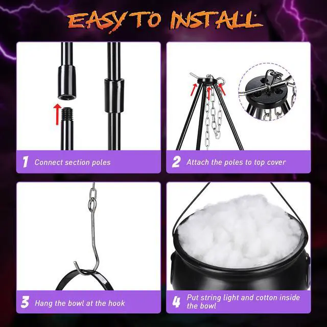 Alt view image 7 of 7 - Yescom 12PCS Life-Size Skulls w/ Cauldron Tripod LED Lights Halloween Decor