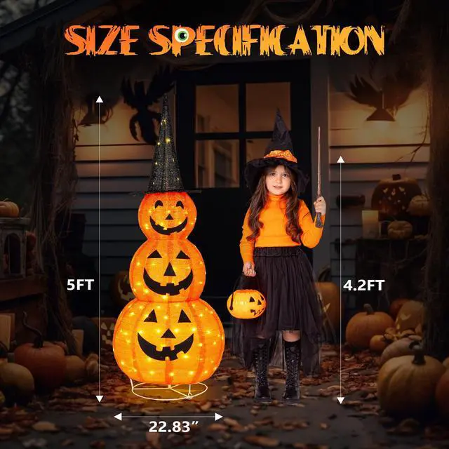 Alt view image 5 of 7 - Yescom 5FT Halloween Pumpkins,Stacked Foldable,Jack O Lantern,LED Lights Party Outdoor Decorations 2026