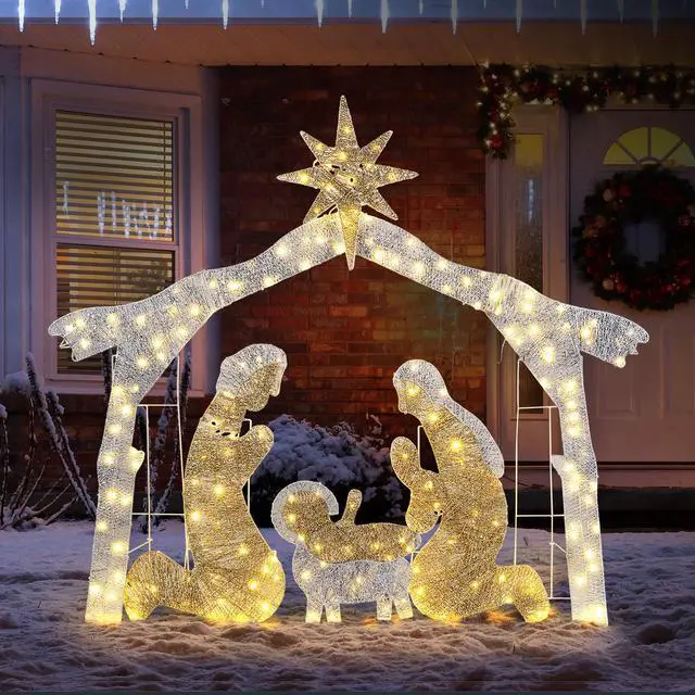 Alt view image 2 of 7 - Yescom 6Ft Pre-lit Christmas Nativity Scene Garden Jesus Decoration with 190 LEDs for Patio Yard Garden Party Event Holiday Silver