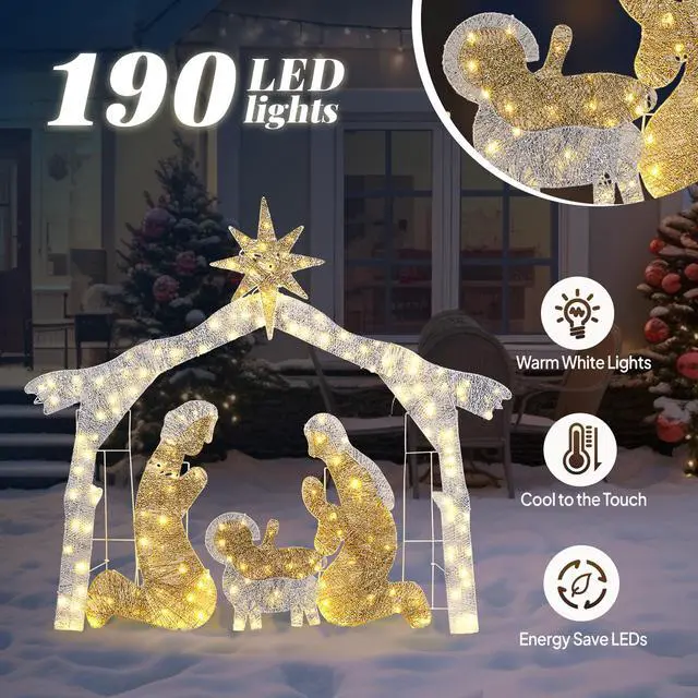Alt view image 4 of 7 - Yescom 6Ft Pre-lit Christmas Nativity Scene Garden Jesus Decoration with 190 LEDs for Patio Yard Garden Party Event Holiday Silver