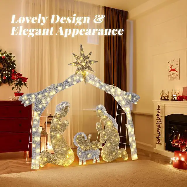 Alt view image 5 of 7 - Yescom 6Ft Pre-lit Christmas Nativity Scene Garden Jesus Decoration with 190 LEDs for Patio Yard Garden Party Event Holiday Silver