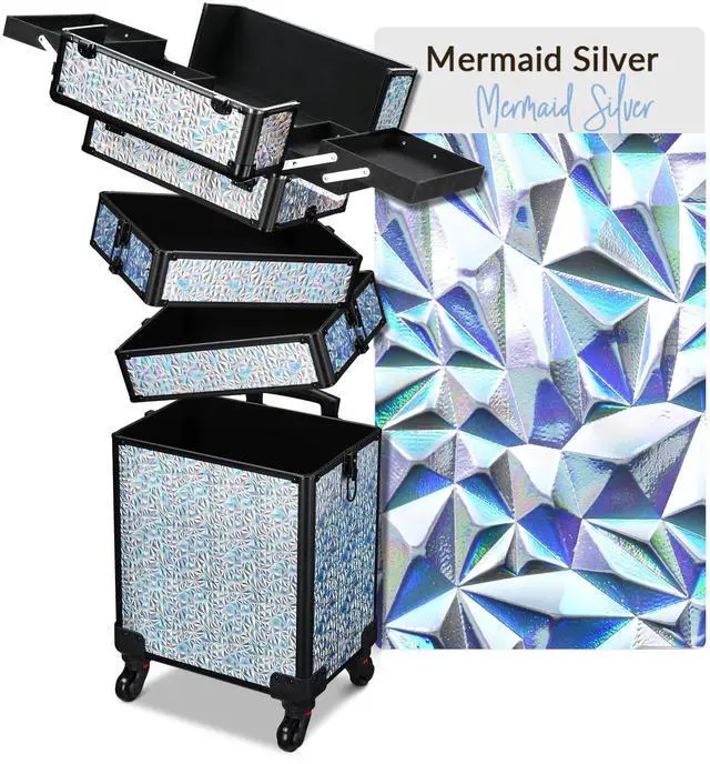 Main image of Byootique Mermaid Silver 4in1 Rolling Makeup Train Case Cosmetic Organizer Wheel