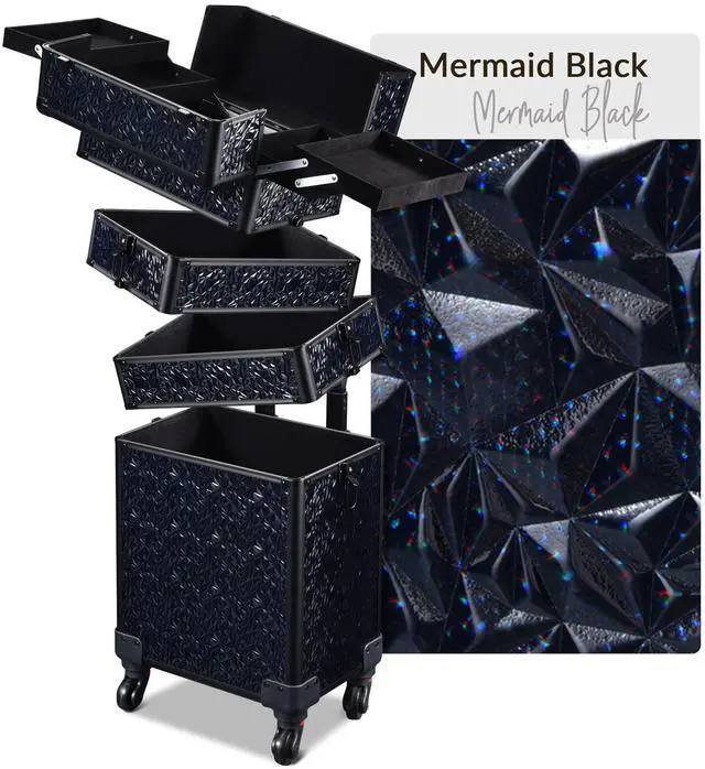 Main image of Byootique 4in1 Rolling Makeup Train Case Cosmetic Organizer Wheel Mermaid Black