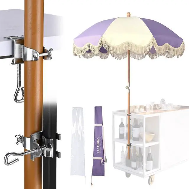 Main image of LAGarden 6' Tilt Retro Beech Wood Fringe Umbrella Kit w/ Drill-free Clamp Vertical Horizontal Side Mount for Outdoor Event Wedding Mobile Cart, Purple