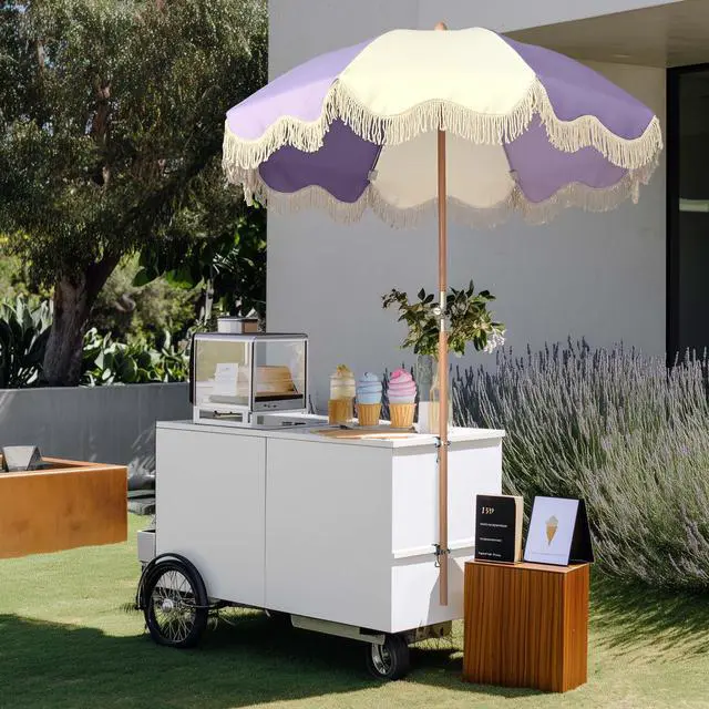 Alt view image 2 of 7 - LAGarden 6' Tilt Retro Beech Wood Fringe Umbrella Kit w/ Drill-free Clamp Vertical Horizontal Side Mount for Outdoor Event Wedding Mobile Cart, Purple