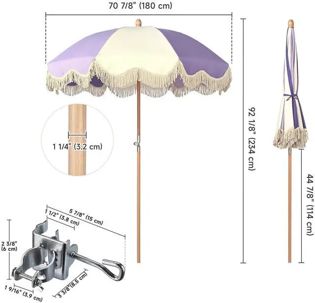 Alt view image 3 of 7 - LAGarden 6' Tilt Retro Beech Wood Fringe Umbrella Kit w/ Drill-free Clamp Vertical Horizontal Side Mount for Outdoor Event Wedding Mobile Cart, Purple