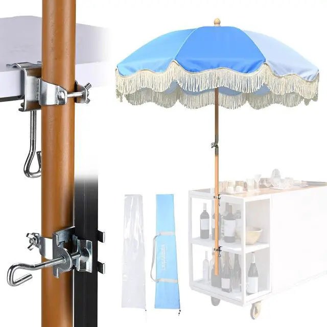 Main image of LAGarden 6' Tilt Retro Beech Wood Fringe Umbrella Kit with Drill-free Clamp Vertical Horizontal Side Mount for Outdoor Event Wedding Mobile Cart, Blue