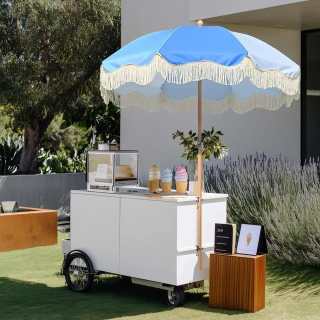 Alt view image 2 of 7 - LAGarden 6' Tilt Retro Beech Wood Fringe Umbrella Kit with Drill-free Clamp Vertical Horizontal Side Mount for Outdoor Event Wedding Mobile Cart, Blue