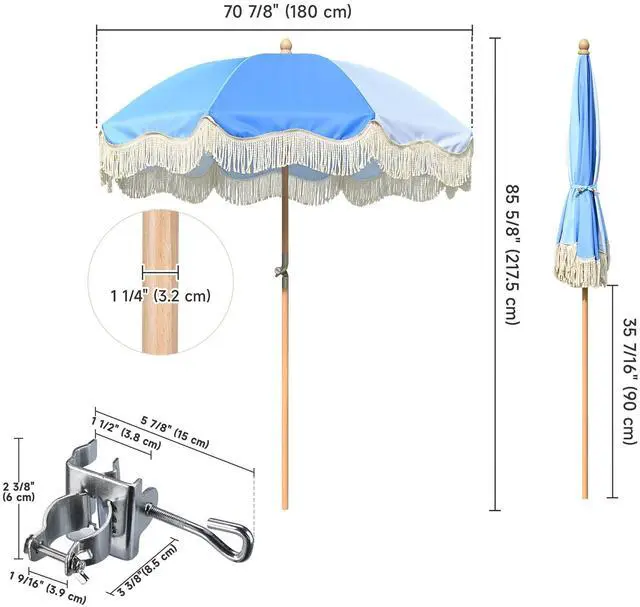 Alt view image 3 of 7 - LAGarden 6' Tilt Retro Beech Wood Fringe Umbrella Kit with Drill-free Clamp Vertical Horizontal Side Mount for Outdoor Event Wedding Mobile Cart, Blue