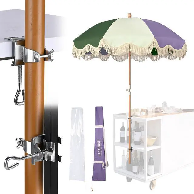 Main image of LAGarden 6' Tilt Retro Beech Wood Fringe Umbrella Kit Drill-free Clamp Vertical Horizontal Side Mount Outdoor Event Wedding Mobile Cart, Purple Green