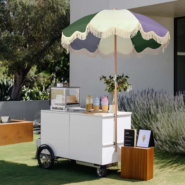 Alt view image 2 of 7 - LAGarden 6' Tilt Retro Beech Wood Fringe Umbrella Kit Drill-free Clamp Vertical Horizontal Side Mount Outdoor Event Wedding Mobile Cart, Purple Green