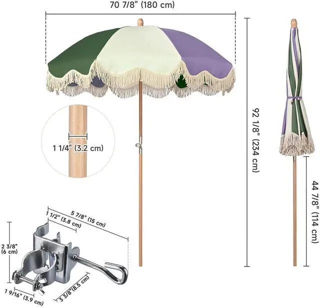 Alt view image 3 of 7 - LAGarden 6' Tilt Retro Beech Wood Fringe Umbrella Kit Drill-free Clamp Vertical Horizontal Side Mount Outdoor Event Wedding Mobile Cart, Purple Green