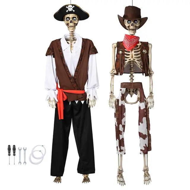 Alt view image 6 of 7 - Yescom 2 Pcs Halloween Life Size Skeleton 5.6 Ft Pirate Captain & Cowboy Full Body Bone 2026 Party Decorations