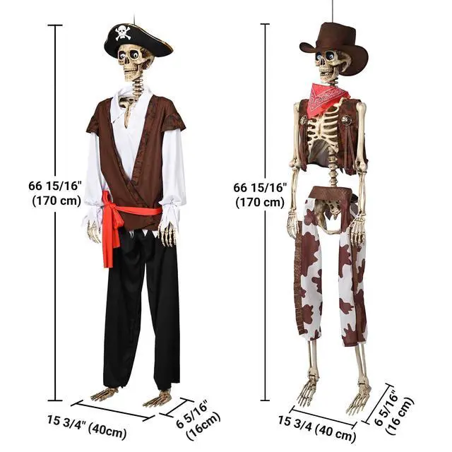 Alt view image 7 of 7 - Yescom 2 Pcs Halloween Life Size Skeleton 5.6 Ft Pirate Captain & Cowboy Full Body Bone 2026 Party Decorations