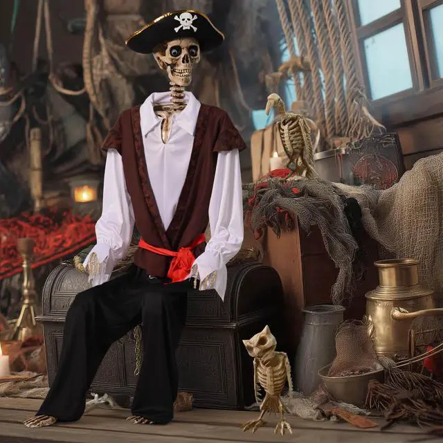 Alt view image 2 of 7 - Yescom 5.6 Ft Pirate Captain Skeleton with Vulture & Owl Skeleton Halloween Decoration 2026