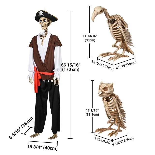 Alt view image 7 of 7 - Yescom 5.6 Ft Pirate Captain Skeleton with Vulture & Owl Skeleton Halloween Decoration 2026