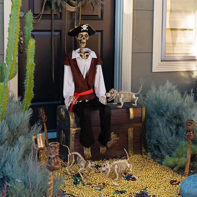 Alt view image 2 of 7 - Yescom 5.6 Ft Pirate Captain Skeleton w/ 2 Pcs Dachshund Dog & 1 Pcs Cat Skeleton Props Party Decoration 2026