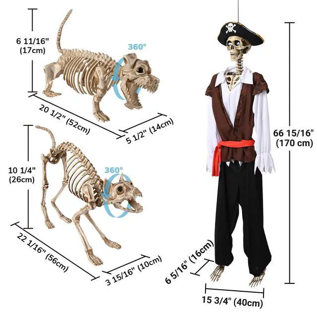 Alt view image 7 of 7 - Yescom 5.6 Ft Pirate Captain Skeleton w/ 2 Pcs Dachshund Dog & 1 Pcs Cat Skeleton Props Party Decoration 2026