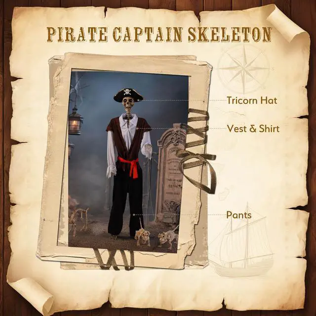 Alt view image 3 of 7 - Yescom 5.6Ft Halloween Pirate Captain Skeleton Life Size Human Bone Movable Joints Outdoor Decor 2026