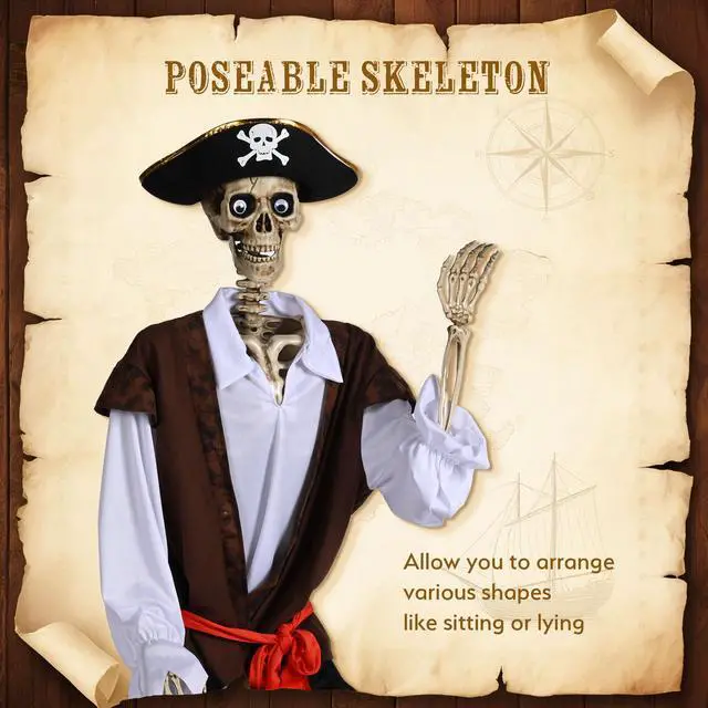 Alt view image 4 of 7 - Yescom 2 Pcs Halloween Life Size Skeleton 5.6 Ft Pirate Captain & Cowboy Full Body Bone 2026 Party Decorations