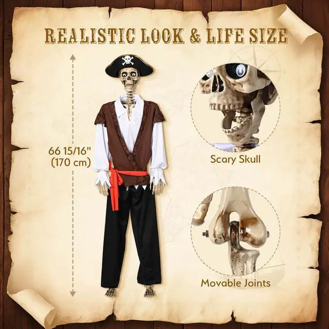 Alt view image 5 of 7 - Yescom 5.6Ft Halloween Pirate Captain Skeleton Life Size Human Bone Movable Joints Outdoor Decor 2026