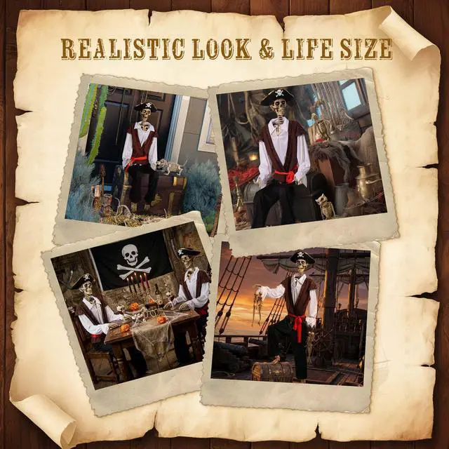 Alt view image 6 of 7 - Yescom 5.6Ft Halloween Pirate Captain Skeleton Life Size Human Bone Movable Joints Outdoor Decor 2026