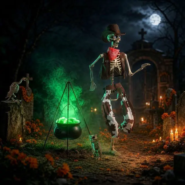 Alt view image 2 of 7 - Yescom 5.6 Ft Life Size Cowboy Skeleton with Witches Cauldron Pot on 31" Tripod Halloween Decoration Party 2026