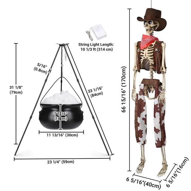 Alt view image 7 of 7 - Yescom 5.6 Ft Life Size Cowboy Skeleton with Witches Cauldron Pot on 31" Tripod Halloween Decoration Party 2026