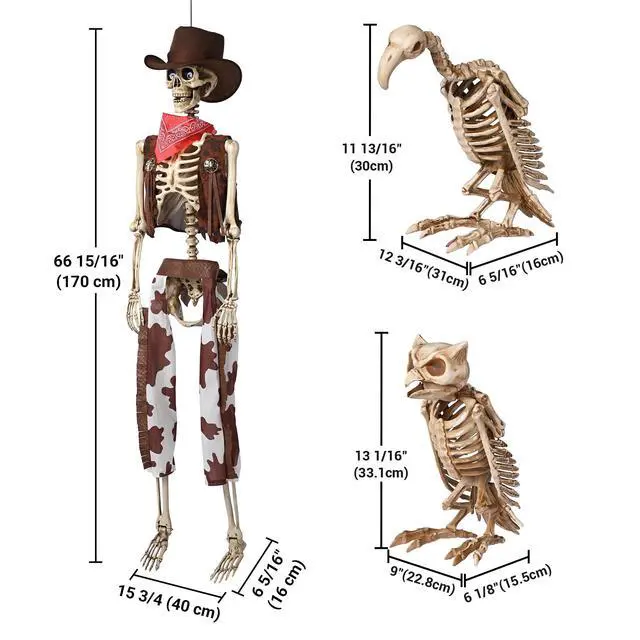Alt view image 7 of 7 - Yescom 5.6 Ft Life Size Cowboy Skeleton with Vulture & Owl Skeleton Halloween Decorations Party 2026