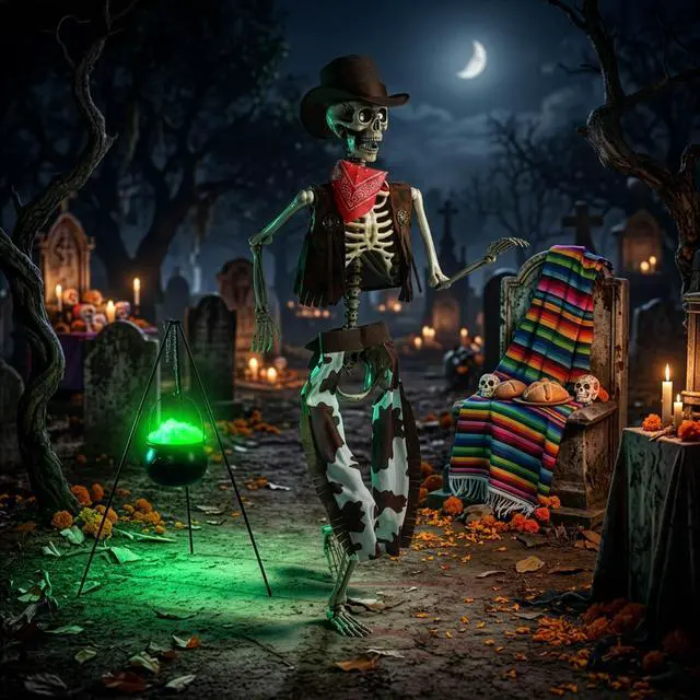 Alt view image 2 of 7 - Yescom 5.6 Ft Life Size Cowboy Skeleton & Witches Cauldron on 31" Tripod with LED Light Party Decoration 2026