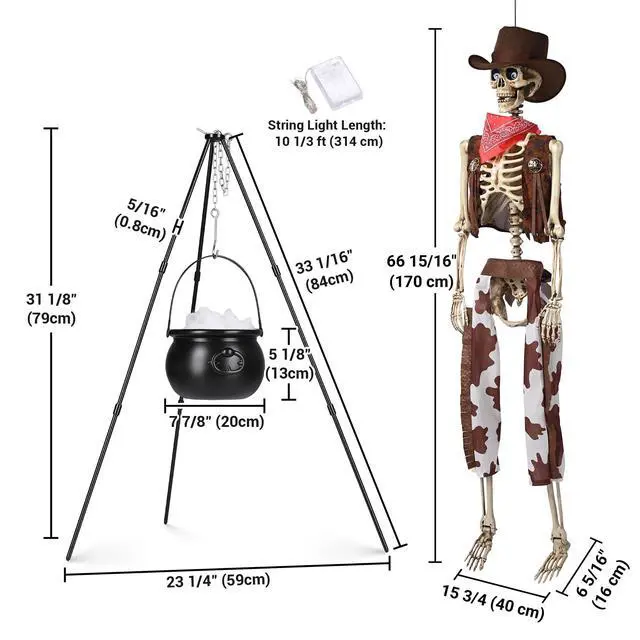 Alt view image 7 of 7 - Yescom 5.6 Ft Life Size Cowboy Skeleton & Witches Cauldron on 31" Tripod with LED Light Party Decoration 2026