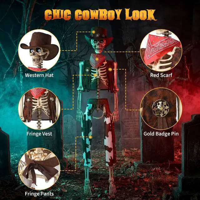 Alt view image 4 of 7 - Yescom 5.6 Ft Life Size Cowboy Skeleton with 4 Pcs Mermaid Skeleton Halloween Decorations Party 2026