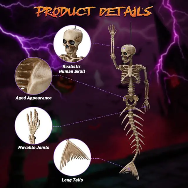 Alt view image 6 of 7 - Yescom 5.6 Ft Life Size Cowboy Skeleton with 4 Pcs Mermaid Skeleton Halloween Decorations Party 2026