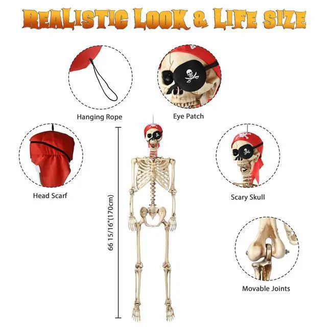 Alt view image 4 of 7 - Yescom Pirate Life Size Skeleton Poseable Full Size 5.6 Ft Halloween Party Decorations Haunted House 2026