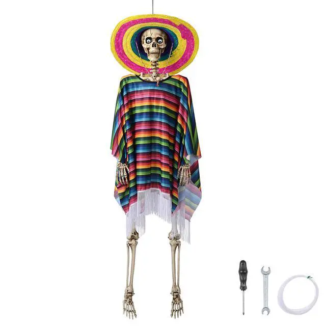 Alt view image 2 of 7 - Yescom 5.6ft Life Size Posable Skeleton Halloween Movable Jaw w/ Shawl Sombrero