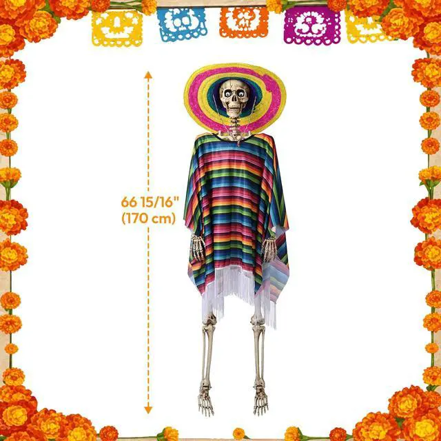 Alt view image 6 of 7 - Yescom 5.6ft Life Size Posable Skeleton Halloween Movable Jaw w/ Shawl Sombrero