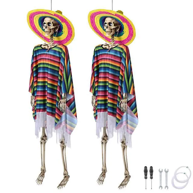 Alt view image 2 of 7 - Yescom 2 Pack 5.6ft Life Size Posable Skeleton Halloween Decor w/ Shawl Sombrero