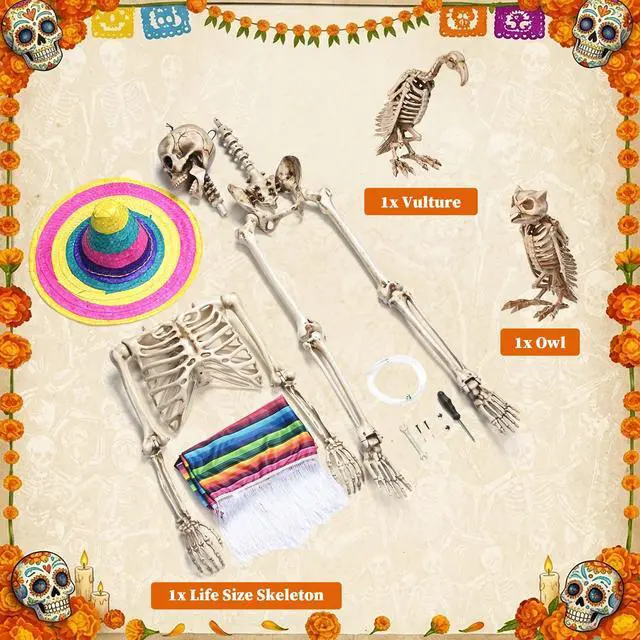 Alt view image 6 of 7 - Yescom 5.6ft Life Size Posable Skeleton with Vulture & Owl Halloween Décor 2026