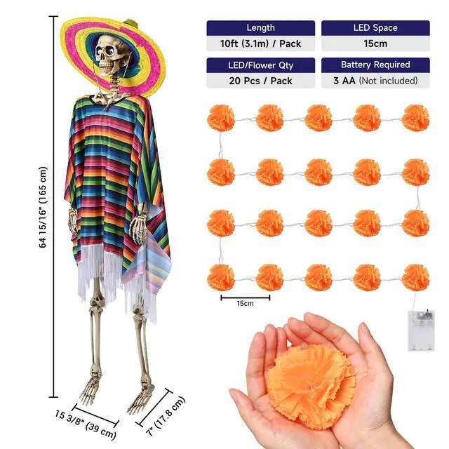 Alt view image 7 of 7 - Yescom 2 Pcs Life Size Skeletons 5.6ft with 20FT 40 LEDs Marigold Fairy Lights