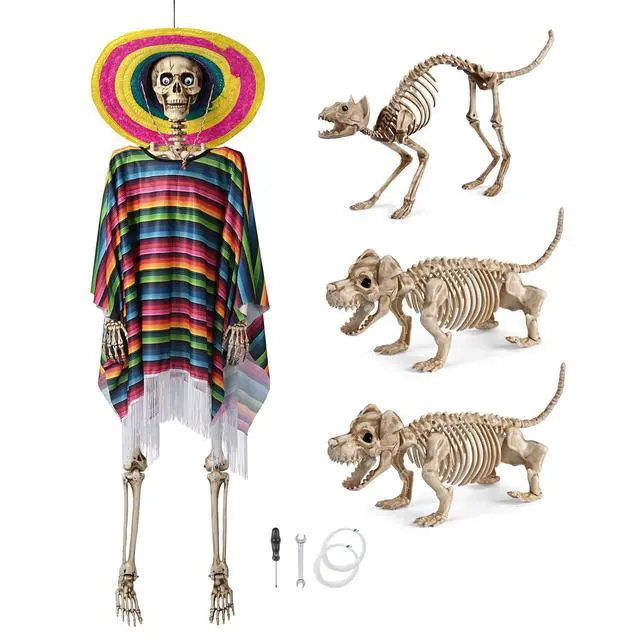 Alt view image 2 of 7 - Yescom 5.6FT Day of the Dead Life Size Skeleton w/ Sombrero Dog & Cat Halloween