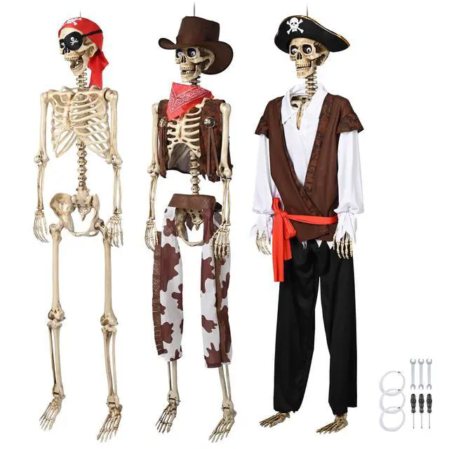 Alt view image 7 of 7 - Yescom 3 Pcs Halloween Skeleton 5.6 Ft Life Size Pirate Captain & Cowboy Full Body Bone Party 2026