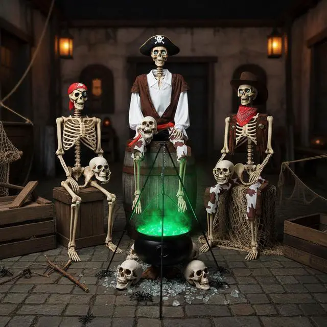 Main image of Yescom 3Pcs Halloween Pirate/Captain/Cowboy Skeleton with Witches Cauldron Pot 4Pcs Human Skull Party Decoration 2026