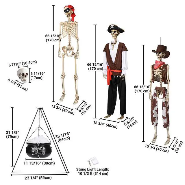 Alt view image 6 of 7 - Yescom 3Pcs Halloween Pirate/Captain/Cowboy Skeleton with Witches Cauldron Pot 4Pcs Human Skull Party Decoration 2026