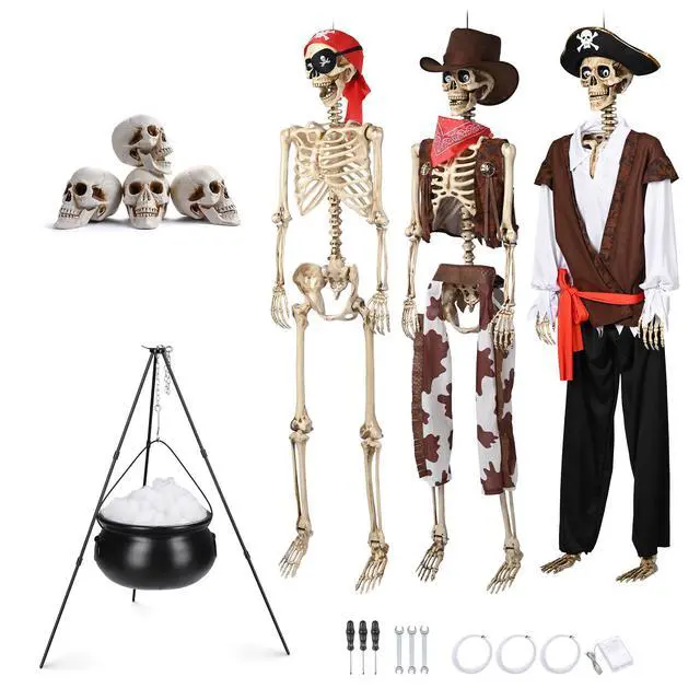 Alt view image 7 of 7 - Yescom 3Pcs Halloween Pirate/Captain/Cowboy Skeleton with Witches Cauldron Pot 4Pcs Human Skull Party Decoration 2026