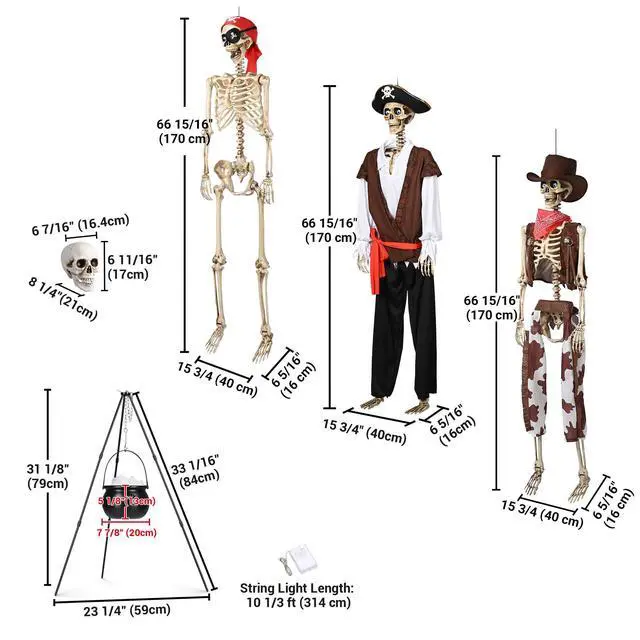 Alt view image 6 of 7 - Yescom 3Pcs Life Size Skeleton Pirate/Captain/Cowboy with Witches Cauldron 4Pcs Human Skull Party Decoration 2026
