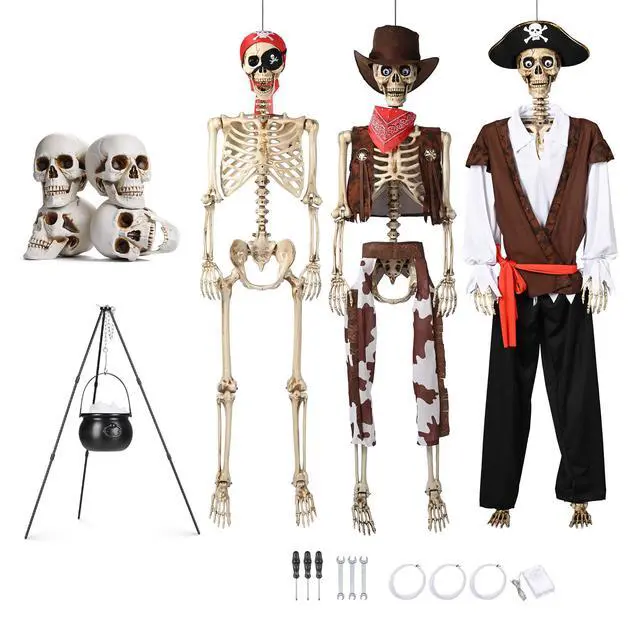 Alt view image 7 of 7 - Yescom 3Pcs Life Size Skeleton Pirate/Captain/Cowboy with Witches Cauldron 4Pcs Human Skull Party Decoration 2026