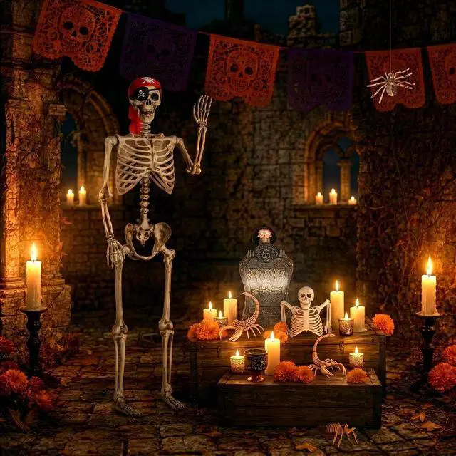 Alt view image 2 of 7 - Yescom 5.6 Ft Pirate Skeleton with 15" Animated Halloween Tombstone & Half Skeleton Party 2026
