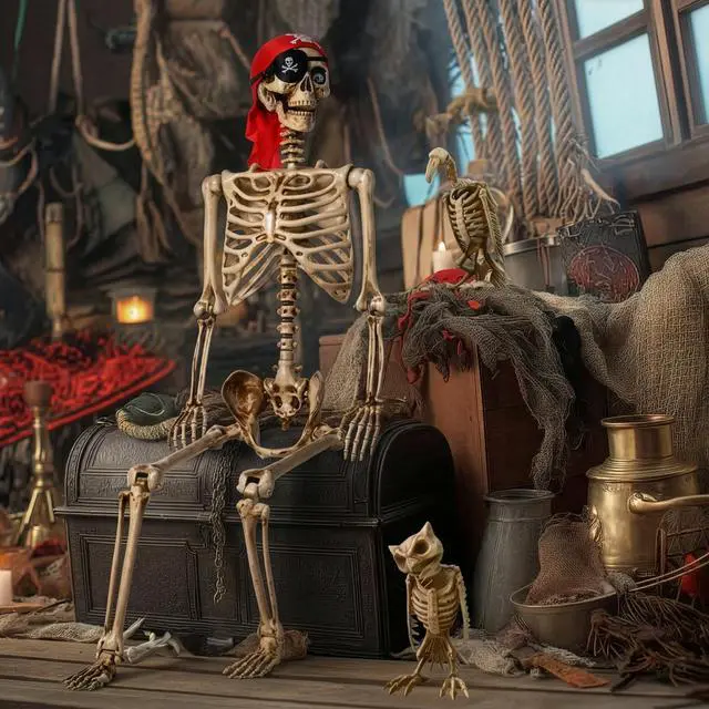 Alt view image 2 of 7 - Yescom 5.6 Ft Life Size Pirate Skeleton w/ Vulture & Owl Skeleton Halloween Party Decorations 2026