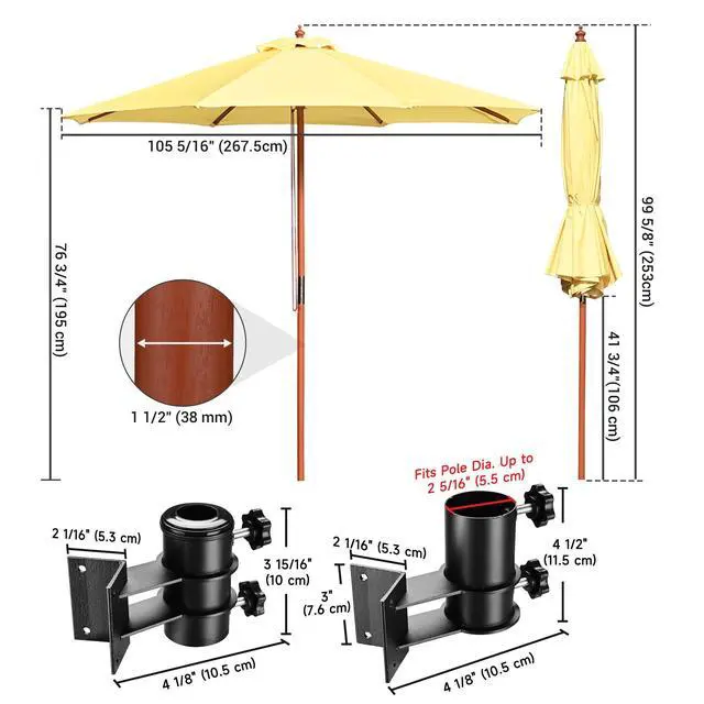 Alt view image 2 of 7 - Yescom 9ft Solid Wood Patio Umbrella with Heavy Duty Deck Corner Mount Kit Bracket & Pulley System for Backyard BBQ Gathering, Creamy Butter Yellow
